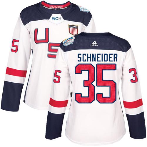 Team USA #35 Cory Schneider White 2016 World Cup Women's Stitched NHL Jersey - Click Image to Close